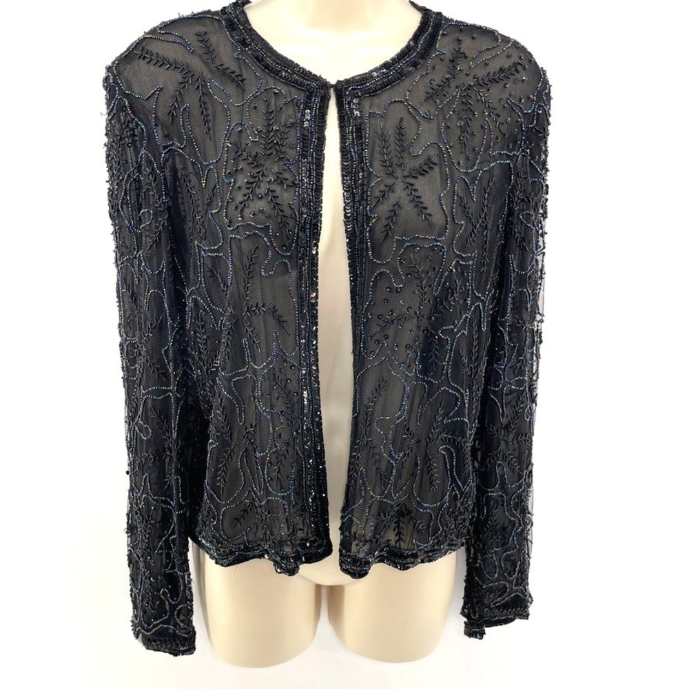 Vtg Sheer Mesh Jacket M Beaded Sequins Whimsigoth Formal Glam Old Hollywood Art